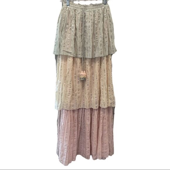 PQ Swim Golden Hour Briar Maxi Dress Swim Cover Strapless Block Tiers Pleated - Picture 4 of 15